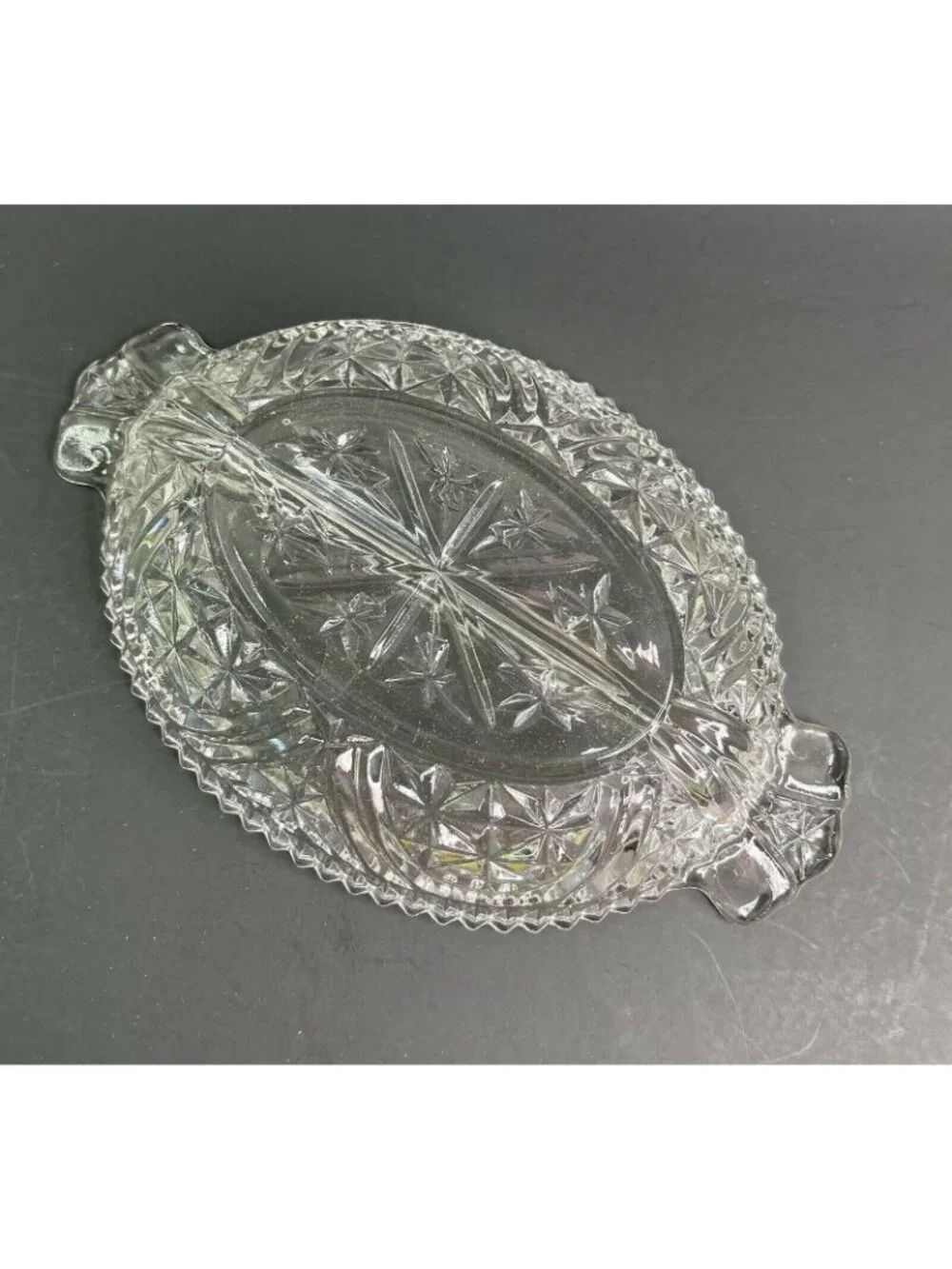 Vintage Anchor Hocking Stars and Bars Divided Relish Dish Clear Pressed Glass